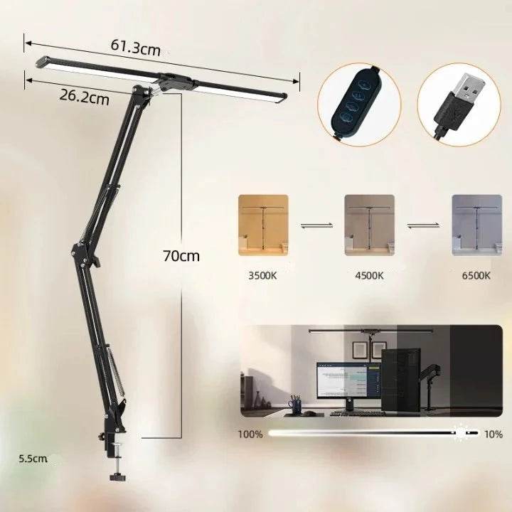 Lâmpada de Mesa LED Dupla Cabeça — Lâmpada de Arquiteto com Braço Articulado e Grampo